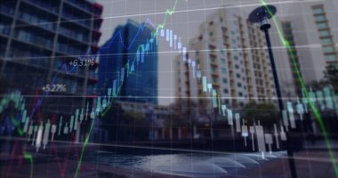 Şehir manzarası üzerinde finansal veri işleme resmi. küresel finansman, iş ve veri işleme kavramı dijital olarak oluşturulmuş görüntü.