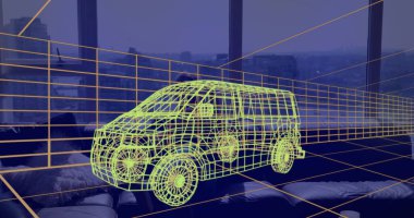 Evde VR kulaklık takan bir adamın üzerine 3 boyutlu teknik bir minibüs çizimi. teknoloji, tasarım ve dijital arayüz kavramı dijital olarak oluşturulmuş görüntü.