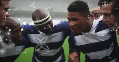 Stadyumdaki erkek rugby oyuncularının üzerindeki kimyasal yapıların resmi. spor ve yarışma konsepti dijital olarak oluşturulmuş görüntü.