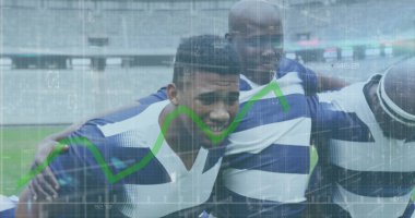 Spor stadyumundaki ragbi oyuncuları üzerinde yeşil çizgi ve veri işleme görüntüsü. spor, rekabet ve veri işleme kavramı dijital olarak oluşturulmuş görüntü.