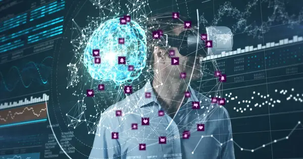 VR kulaklık takan ve veri işleme yapan bir adamın üzerindeki simgelerle bağlantı ağının görüntüsü. küresel veri işleme, dijital arayüz, teknoloji ve ağ konsepti dijital olarak oluşturuldu.