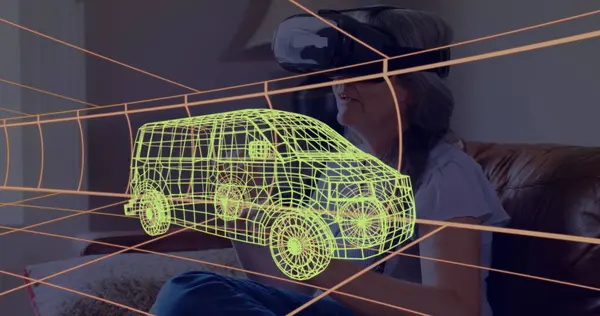 Evde VR kulaklık takan bir kadının üzerine 3 boyutlu teknik bir minibüs çizimi. teknoloji, tasarım ve dijital arayüz kavramı dijital olarak oluşturulmuş görüntü.