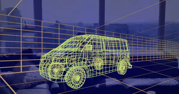 Evde VR kulaklık takan bir adamın üzerine 3 boyutlu teknik bir minibüs çizimi. teknoloji, tasarım ve dijital arayüz kavramı dijital olarak oluşturulmuş görüntü.