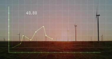 Gün batımında rüzgar türbinlerinin üzerinde dalgalanan veri grafiğinin animasyonu. Yenilenebilir enerji, çevre, sürdürülebilirlik, teknoloji, ilerleme