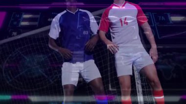 İki futbolcu dijital veri animasyonu ile topa zıplıyorlar. Spor, rekabet, takım çalışması, teknoloji, eylem, analitik