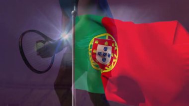 Raket tutan, Portekiz bayrağı animasyonu dinamik hareketli tenis oyuncusu. Spor, atlet, yarışma, ekipman, ulusal, oyun