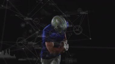 Mavi üniformalı Amerikan futbolcunun veri ağı kaplamalı animasyonu. Spor, atlet, teknoloji, dijital, bağlantı, fütüristik