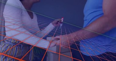 Animasyonla etkileşim, gülümseyen bir çift dijital ızgarayı modern ortamda keşfediyor. Sanal gerçeklik, teknoloji, yenilik, bağlantı, fütüristik