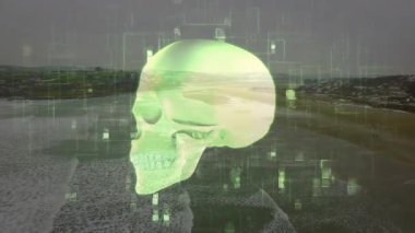 Dijital şebeke kaplamalı kıyı manzarası üzerinde parlayan yeşil kafatası animasyonu. Gelecekçi, siber, bilim kurgu, sanal, teknoloji, neon