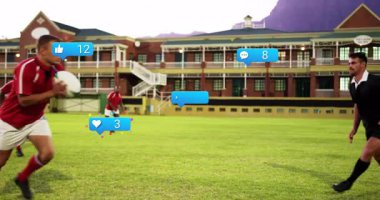 Sahada mücadele, sosyal medya simgelerinin animasyonuyla ragbi oyuncuları. Spor, rekabet, takım çalışması, dijital, iletişim, etkileşim