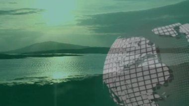 Gün batımında dingin göl ve dağ manzarasının üzerinde dijital küre animasyonu. Doğa, sükunet, manzara, sükunet