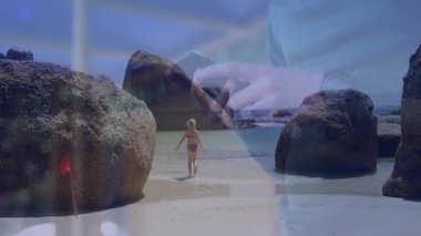 Sahilde kayalarla oynamak, akıllı telefon kullanan kişinin animasyonuyla çocuk. Teknoloji, çocukluk, yaratıcılık, hayal gücü, dijital, açık hava