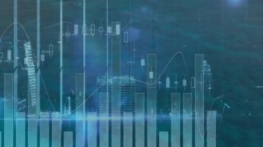 Cityscape by water with mali veri grafikleri ve animasyon örtüşen grafikler. Kentsel, siluet, finans, analitik, teknoloji, ekonomi