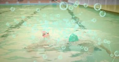 Havuzda yüzmek, dijital ağ bağlantıları olan insanlar animasyon örtüşüyor. bağlantı, teknoloji, iletişim, etkileşim, hareket, fütürist