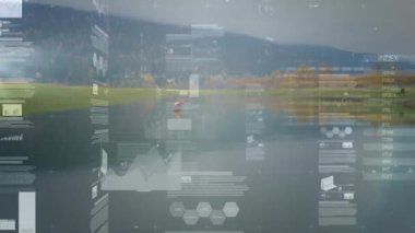 Huzurlu gölü dağlar ve ağaçlarla kaplayan veri işleme grafiklerinin animasyonu. Teknoloji, dijital, analitik, görselleştirme, doğa, manzara