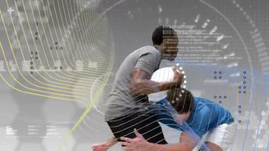 Rugby oyununda dinamik çizgiler ve dijital kalıpların animasyonuyla mücadele etmek. Yakalama, hareket, spor, rekabet