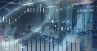 Modern ofis çevresi animasyonunda finansal veri grafikleri ve grafikleri örtüşüyor. Finans, analitik, iş, ekonomi, teknoloji, yatırım