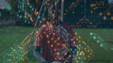 Basketbol oynamak, dijital devresi olan ve parlayan düğümler animasyon örtüsü olan biri. Teknoloji, yenilik, spor, atletik, fütüristik, ağ