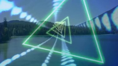 Geometrik üçgen animasyonu, ormanın arka planıyla dingin göle yansıyor. Soyut, doğa, simetri, yansıma, sükunet, çöl