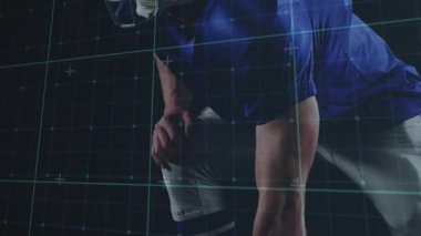 Mavi forma giyen, dijital ağ animasyonuna sahip Amerikalı futbolcu. Spor, atlet, teknoloji, hareket, dinamik