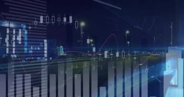 Finansal veri tabloları ve geceleri şehir manzarası üzerindeki grafikler. Maliye, analitik, ekonomi, istatistik, fütüristik, iş