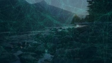 Dağ manzarası üzerinde bağlantılar ve veri işleme animasyonu ağı. Teknoloji, bağlantı, dijital, yenilik, bulut hesaplama, siber güvenlik