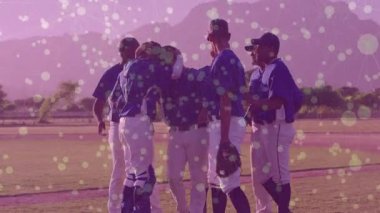 Beyzbol takımı renkli nokta animasyonlarıyla sahada toplanıyor. Spor, takım çalışması, birlik, oyun, oyuncular, işbirliği