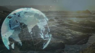 Gün batımında okyanus manzarasını canlandıran ağ bağlantıları olan dijital bir küre. Teknoloji, bağlantı, küresel, geleceksel, yenilik, sanal