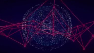Kırmızı çizgiler ve ikili kod kaplamalı dijital ağ küresinin animasyonu. Teknolojik, gelecekçi.