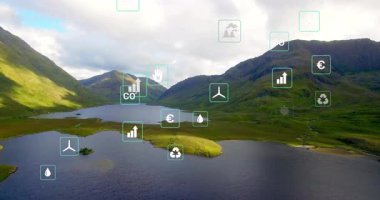 Manzaralı dağ manzarası üzerinde çevre simgeleri ve veri işleme animasyonları. Doğa, sürdürülebilirlik, koruma, teknoloji, yenilik