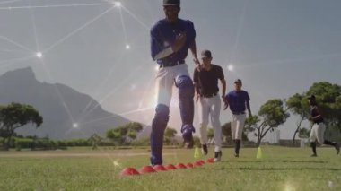 Sahada antrenman, dijital ağ bağlantıları olan beyzbol oyuncuları animasyon. Spor, takım çalışması, teknoloji, yenilik, atletik, bağlantı