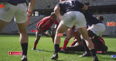 Rugby oyuncularının oyun oynaması ve üyelik düğmelerinin üstüste konması animasyonu. Spor, sporcular, dinamik, takım, grafik