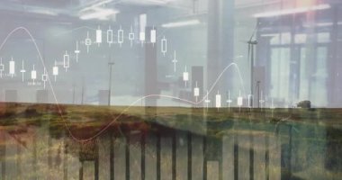 Finansal veri tabloları ve rüzgar türbinleriyle manzara üzerindeki grafikler. Yenilenebilir, sürdürülebilirlik, analiz, enerji, yeşil, eko
