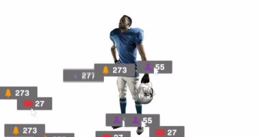 Sosyal medya ikonlarının animasyonuyla çevrili, beyaz arkaplandaki futbolcu. Futbol, atlet, spor, dijital, bağlantı, online