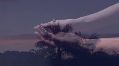 Alacakaranlıkta toprağı tutmak, elleri palmiye ağaçlarına değdirilmiş, canlandırmalı. Doğa, tropikal, tarım, huzur, sükunet, manzara