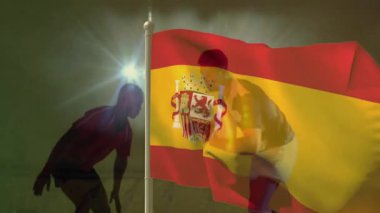 Dinamik aksiyon animasyon sahnesinde atlet siluetinin üzerinde İspanyol bayrağı sallıyordu. Spor, rekabet, kutlama, milliyet, vatanseverlik