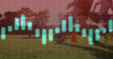 Çimenlik alanın üzerinde parıldayan çubuk grafik animasyonuyla futbol antrenmanı. Spor, takım çalışması, büyüme, veri, ilerleme, teknoloji