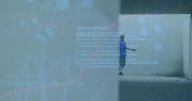 Bilimsel veri animasyonu ile şehir ortamında ip atlayan bir adam. Fitness, egzersiz, teknoloji, futuristik, bilim, egzersiz