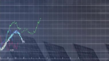 Canlandırma etkisiyle şehir manzarası üzerinde finansal grafikler ve veri trendleri gösteriliyor. Finans, iş, teknoloji, analitik, kentsel, ekonomi