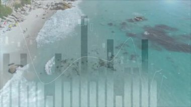 Turkuaz okyanus dalgaları üzerinde veri canlandırma animasyonuyla kıyı manzarası. teknoloji, dijital, yenilik, fütüristik, soyut, deniz