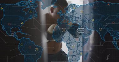 Veri noktaları ve insan silueti üzerinde ağ bulunan dünya haritasının animasyonu. Küreselleşme, bağlantı, dijital, iletişim, teknoloji, internet