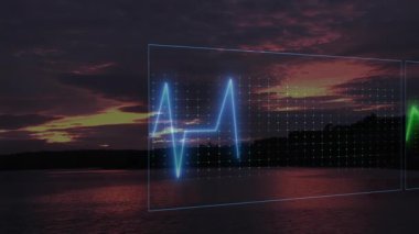 Neon yeşil ve pembe dalga formları gün batımında dingin göl üzerinde canlanıyor. Dijital, soyut, canlı, animasyon, manzara, renkli