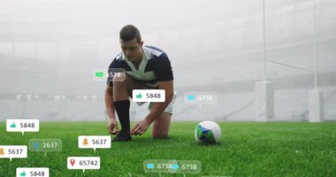 Sosyal medya animasyonlarıyla çevrili ragbi oyuncusu tekme hazırlıyor. atlet, spor, takım çalışması, dijital, katılım, etkileşim