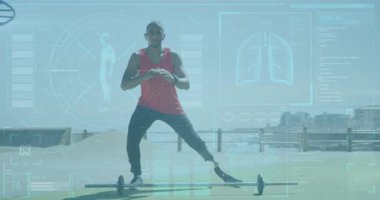 Açık havada spor yapan bir adam anatomi animasyonu ve spor verileri eşliğinde. egzersiz, teknoloji, atlet, sağlık, izleme, yenilik