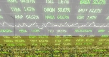 Türbinlerle örtüşen veriler ve grafiklerle borsa animasyonu. Yenilenebilir enerji, sürdürülebilirlik, tarım, finans, yatırım