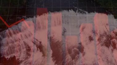 Şelale arka planında kırmızı grafik çizgisi ve çizgi animasyonu. Veri, analitik, finans, ekonomi, istatistik, doğa