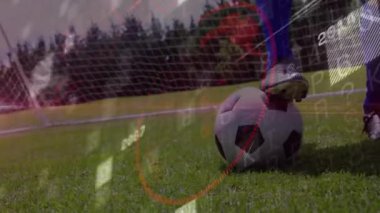 Futbolcu sayılarla ve grafiklerle dijital animasyonda topa vuruyor. atlet, eylem, veri, analiz, istatistik, görselleştirme