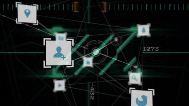 Soyut yeşil ve siyah arkaplan üzerindeki dijital simgelerin ve bağlantıların animasyonu. Teknoloji, bağlantı, ağ, iletişim, gelecekçi, yüksek teknoloji