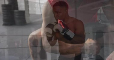 Spor salonunda yoğun antrenman, kırmızı eldivenli boksör animasyonla antrenman yapıyor. Boks, fitness, egzersiz, spor, atlet