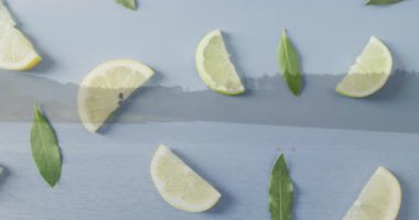 Limon dilimleri ve yeşil yapraklar hareketli sakin göl üzerinde yüzüyor. Doğa, narenciye, sükunet, rahatlama, tazelik, yeşillik.